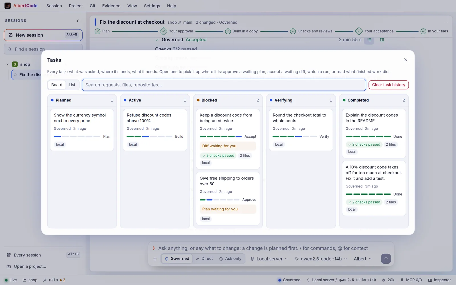 The task board: seven tasks in five columns, Planned, Active, Blocked, Verifying and Completed, each card with its progress, what it waits for (a plan or a diff), its checks and files.