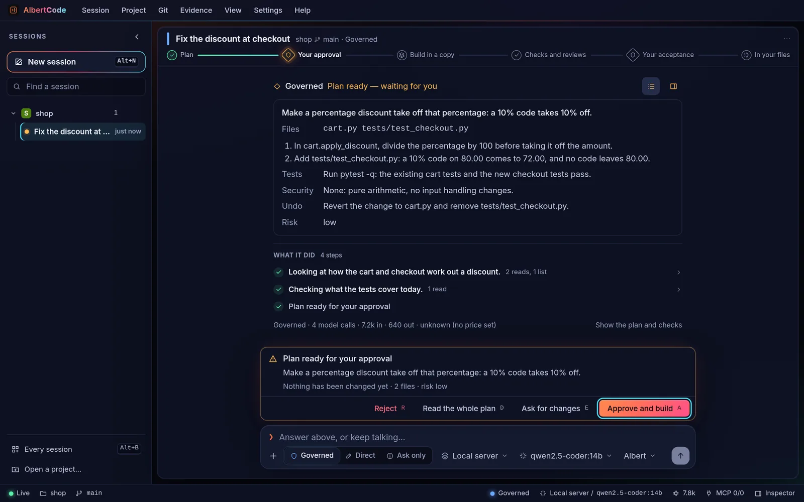 Approval gate 1: the proposed plan, with the files it will change, its steps, how it will be tested, its security note, how to undo it and its risk, and buttons to reject it, read the whole plan, ask for changes, or approve and build.
