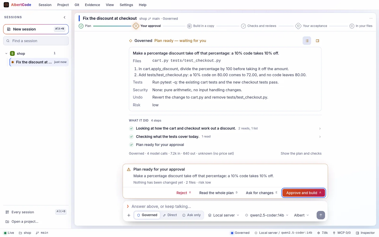 Approval gate 1: the proposed plan, with the files it will change, its steps, how it will be tested, its security note, how to undo it and its risk, and buttons to reject it, read the whole plan, ask for changes, or approve and build.