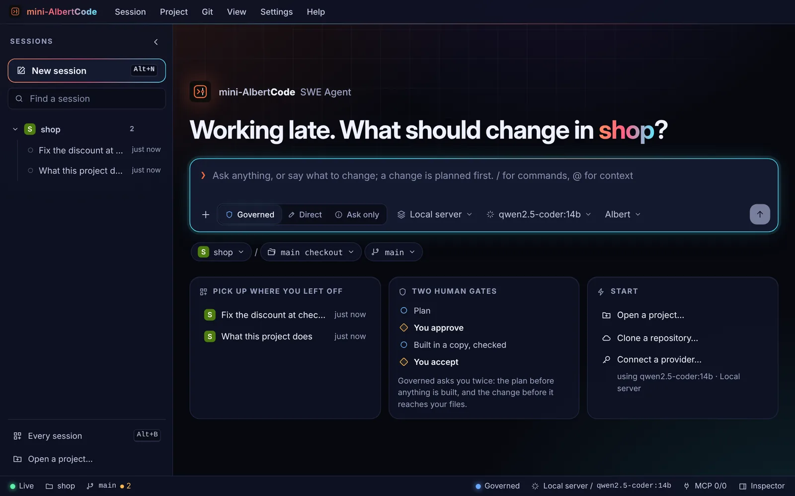 A new session in the mini-AlbertCode browser workspace: the navigator with the project and its sessions, a box with Governed, Direct and Ask only, the provider and the model, and tiles for sessions to pick up, the two human gates and ways to start.
