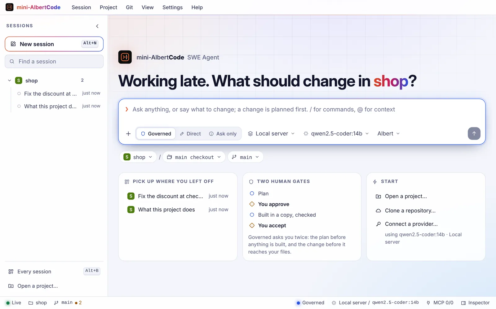 A new session in the mini-AlbertCode browser workspace: the navigator with the project and its sessions, a box with Governed, Direct and Ask only, the provider and the model, and tiles for sessions to pick up, the two human gates and ways to start.